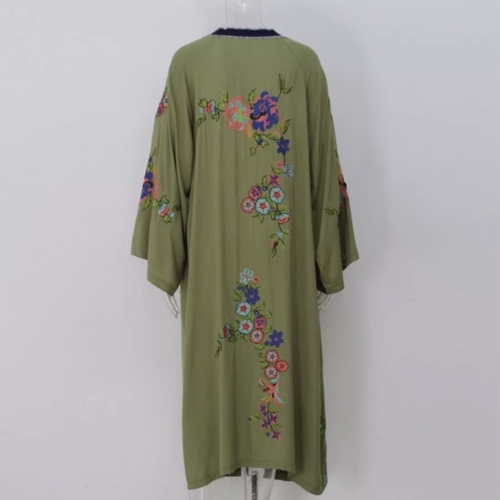SOLD OUT Olive Floral Embroidered Cover Up Duster Kimono - Picture 5 of 10